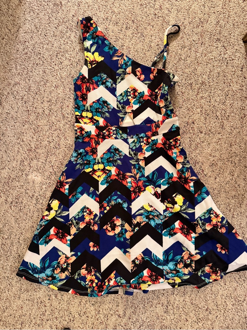 Floral Chevron One-Shoulder Fit & Flare Dress - Blue Multi